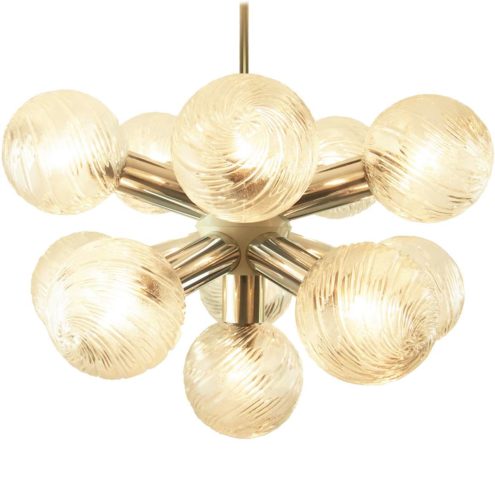 VEB Wohnraumleuchten sputnik globes chandelier chrome tubes 11 embossed glass balls sunburst 1970s East Germany GDR