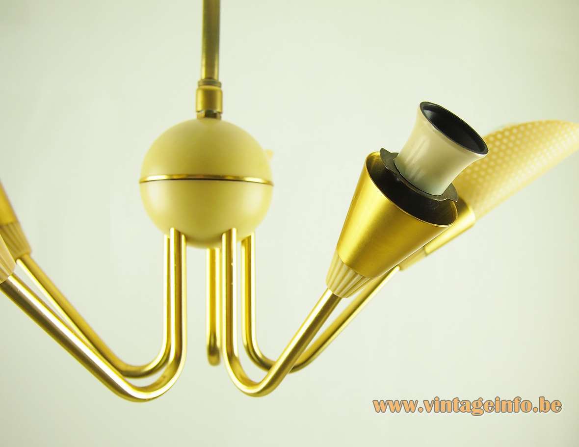 1950s ERCO chandelier Bakelite globe plastic anodised aluminium curved brass rods 5 E27 bulbs 1960s vintage