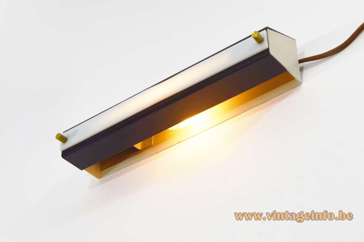 1950s rectangular wall lamp white acrylic metal brass screws dark grey geometric light 1960s MCM Mid-Century Modern