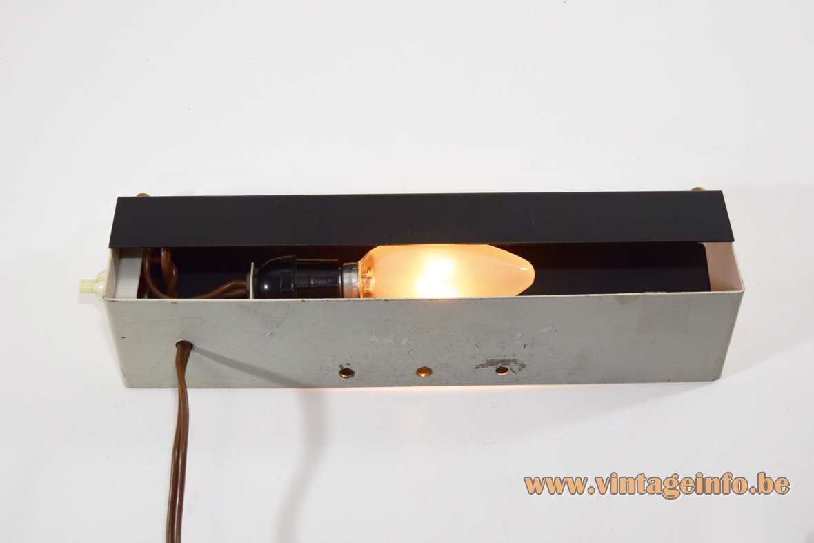 1950s rectangular wall lamp white acrylic metal brass screws dark grey geometric light 1960s MCM Mid-Century Modern