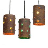 1960s caged glass copper pendant lamps design: Nanny Still Raak brutalist tubes holes Peill+Putzler Philips