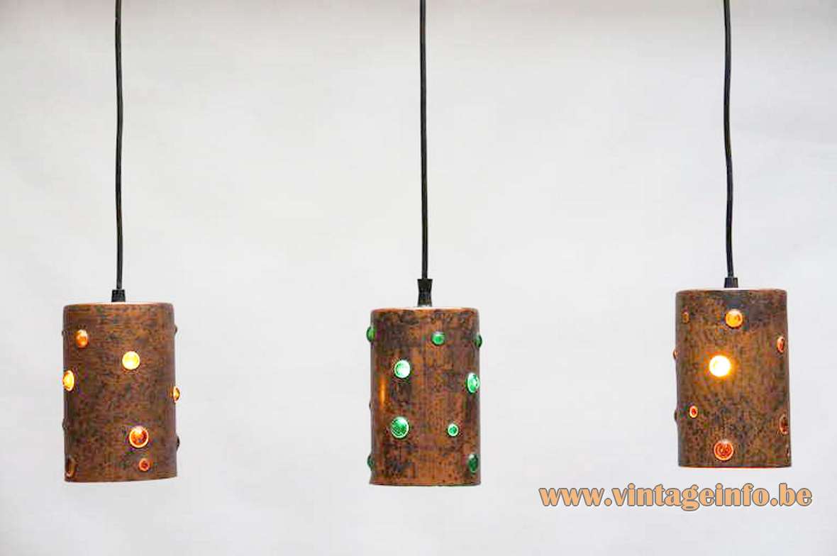 1960s caged glass copper pendant lamps design: Nanny Still Raak brutalist tubes holes Peill + Putzler Philips