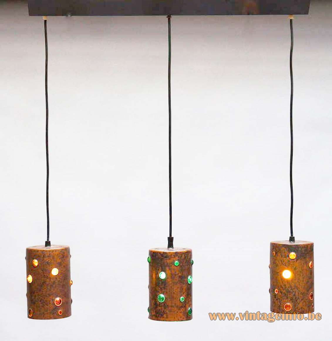 1960s caged glass copper pendant lamps design: Nanny Still Raak brutalist tubes holes Peill + Putzler Philips