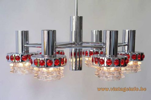 1960s Red Glass Chrome Chandelier 1
