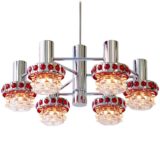 1960s red glass & chrome chandelier pressed dots metal tubes Massive Belgium Raak Amsterdam 1970s
