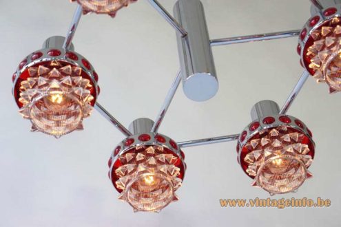 1960s Red Glass Chrome Chandelier 3
