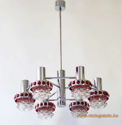 1960s Red Glass Chrome Chandelier 4