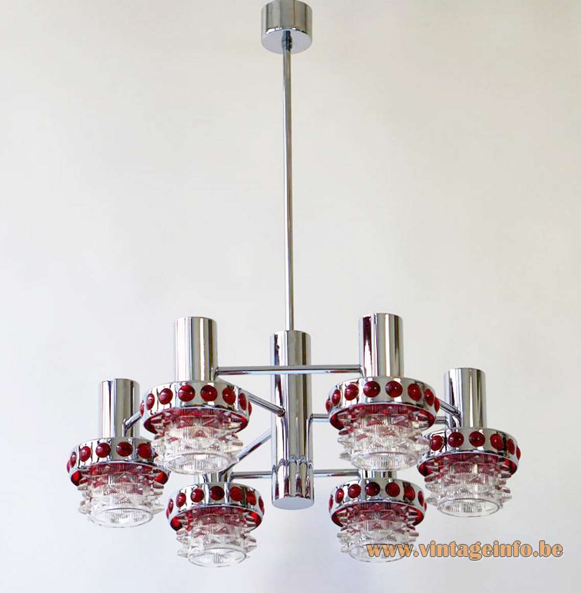 1960s red glass & chrome chandelier pressed dots metal tubes Massive Belgium Raak Amsterdam 1970s