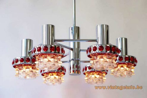 1960s Red Glass Chrome Chandelier 5