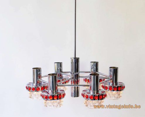 1960s Red Glass Chrome Chandelier 6