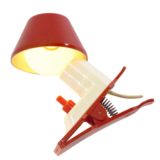 1960s Vimar plastic clamp lamp small reading light red white built-in switch conical lampshade E14 socket