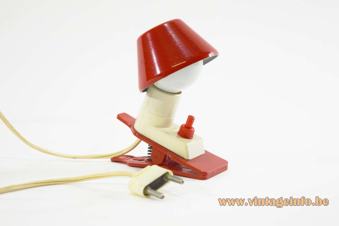 1960s Vimar plastic clamp lamp small reading light red white built-in switch conical lampshade E14 socket