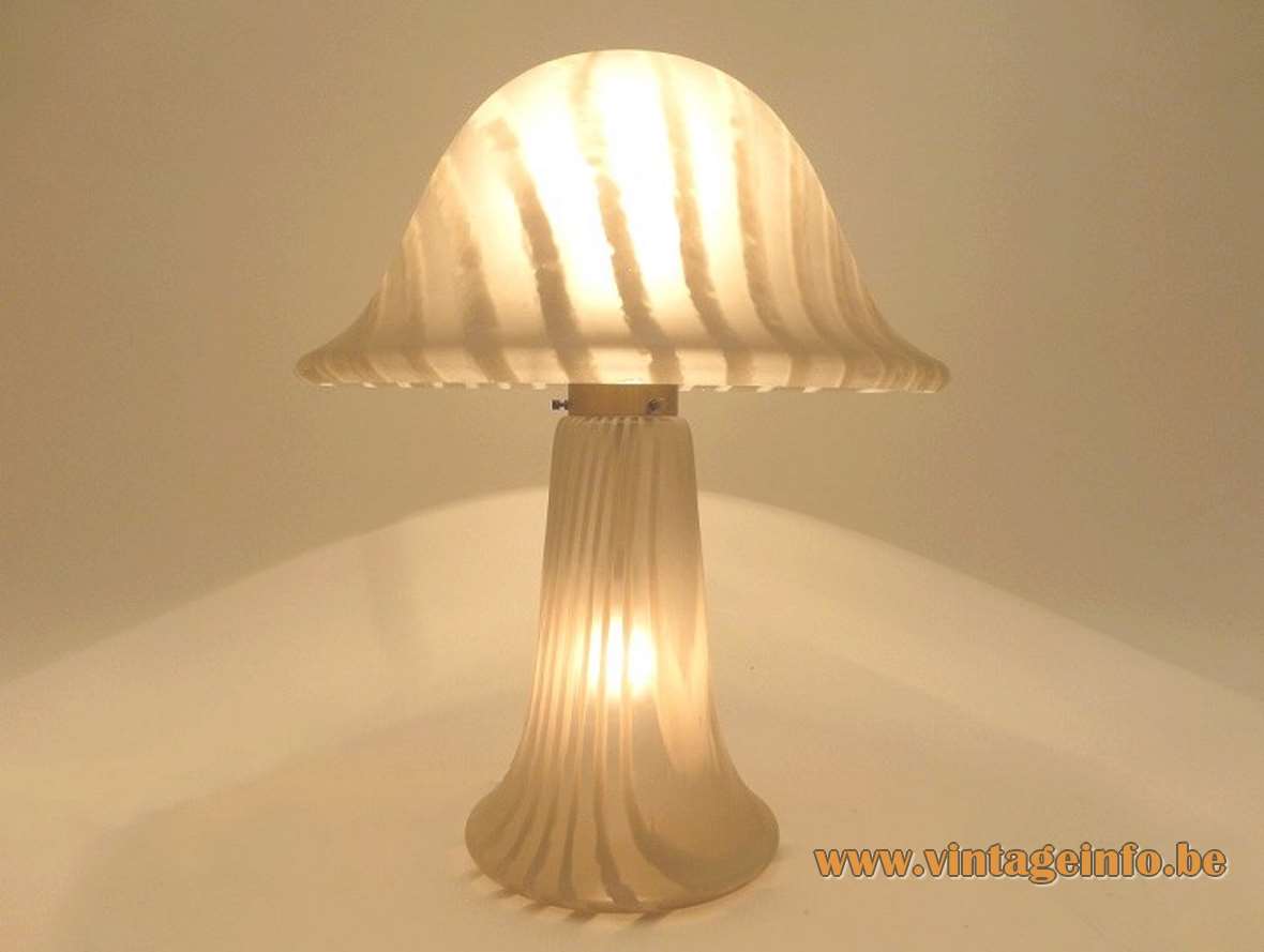 1970s Peill + Putzler mushroom table lamp white striped opal satinised frosted glass 1980s Germany E27 socket