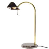 1980s dimmable desk lamp black round chrome base brass curved rod conical lampshade Massive Belgium 1990s