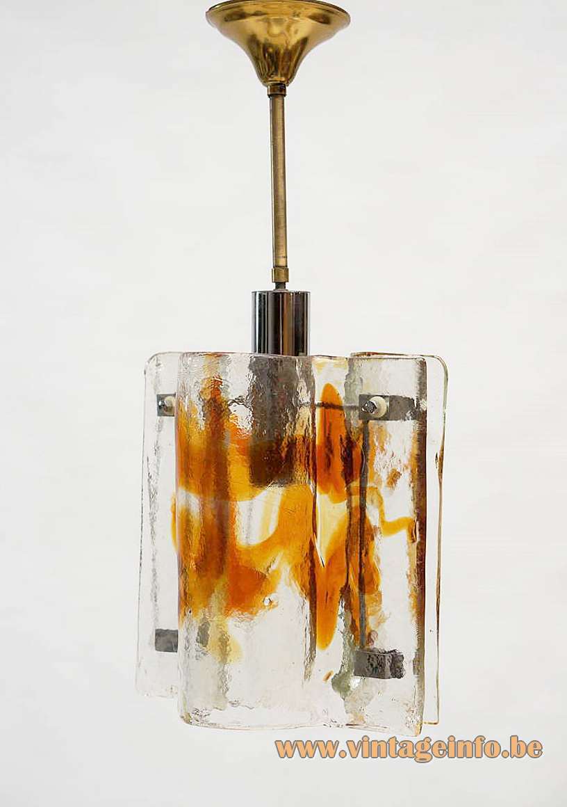 AV Mazzega amber and clear glass pendant lamp brass rod crome tube curved parts Murano 1970s