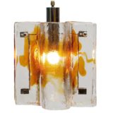 AV Mazzega amber and clear glass pendant lamp brass rod crome tube curved parts Murano 1970s