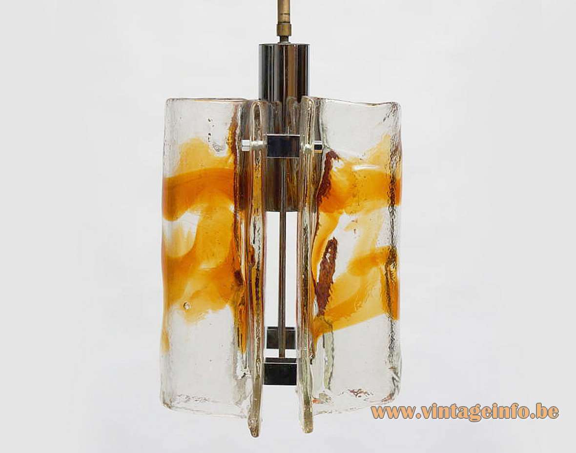 AV Mazzega amber and clear glass pendant lamp brass rod crome tube curved parts Murano 1970s