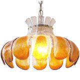 AV Mazzega amber glass flower pendant lamp 10 glass leaves petals chrome frame chain 1960s 1970s