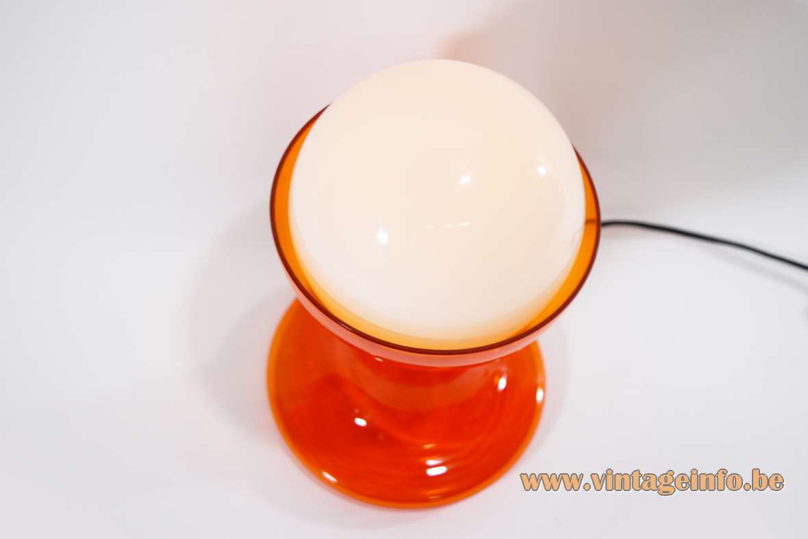 AV Mazzega LT216 table lamp design: Carlo Nason orange Murano glass flattened base opal globe 1970s