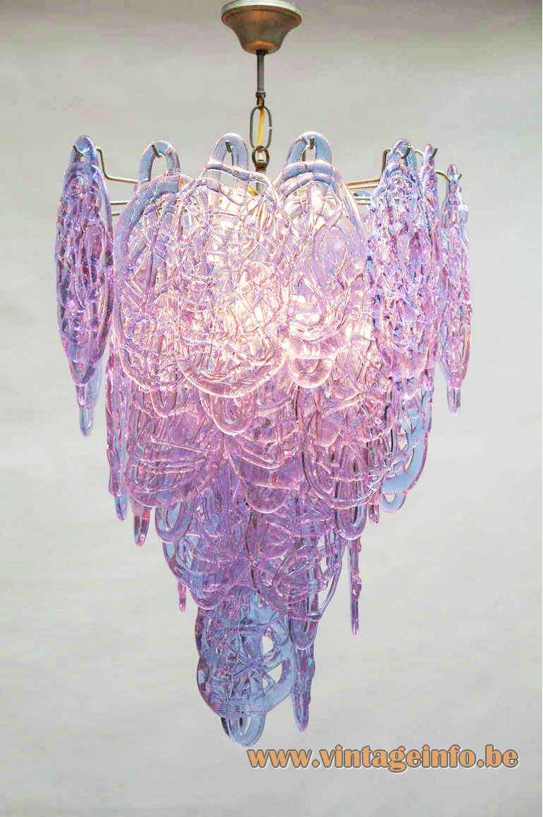 AV Mazzega spaghetti chandelier 33 Murano purple glass spun sugar pretzel threads chrome wireframe chain 1960s