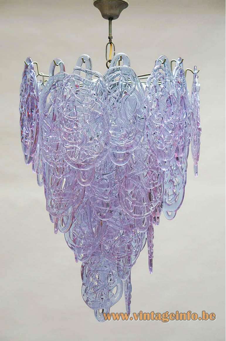 AV Mazzega spaghetti chandelier 33 Murano purple glass spun sugar pretzel threads chrome wireframe chain 1960s