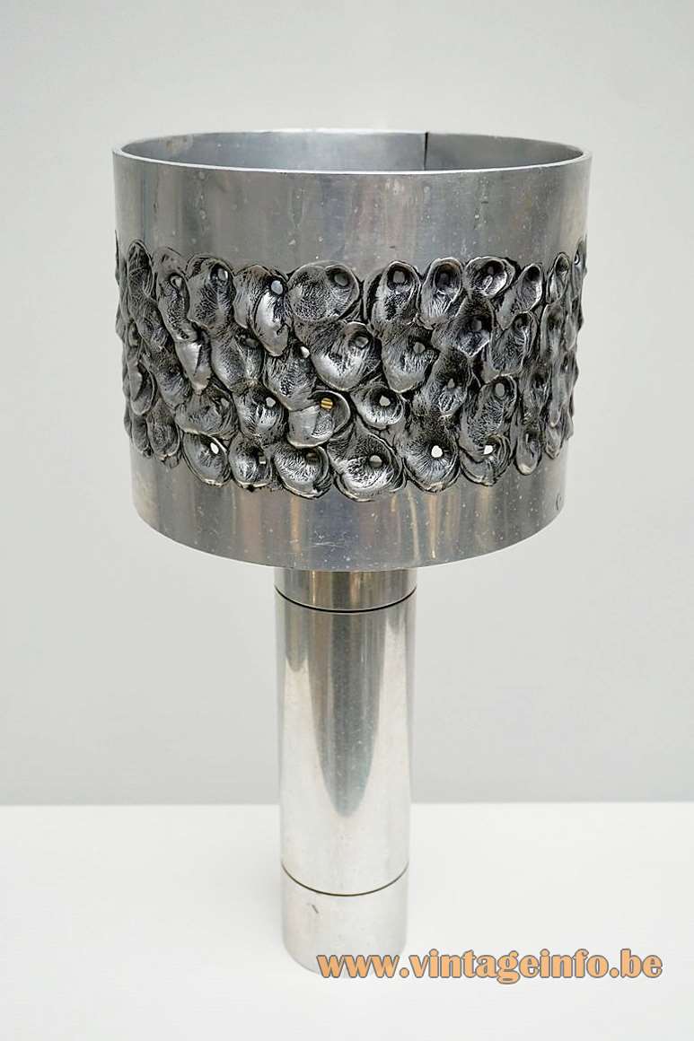 Aluclair 1970s Brutalist table lamp design: Willy Luyckx pocked aluminium tube welded burned lampshade 1960s 1970s