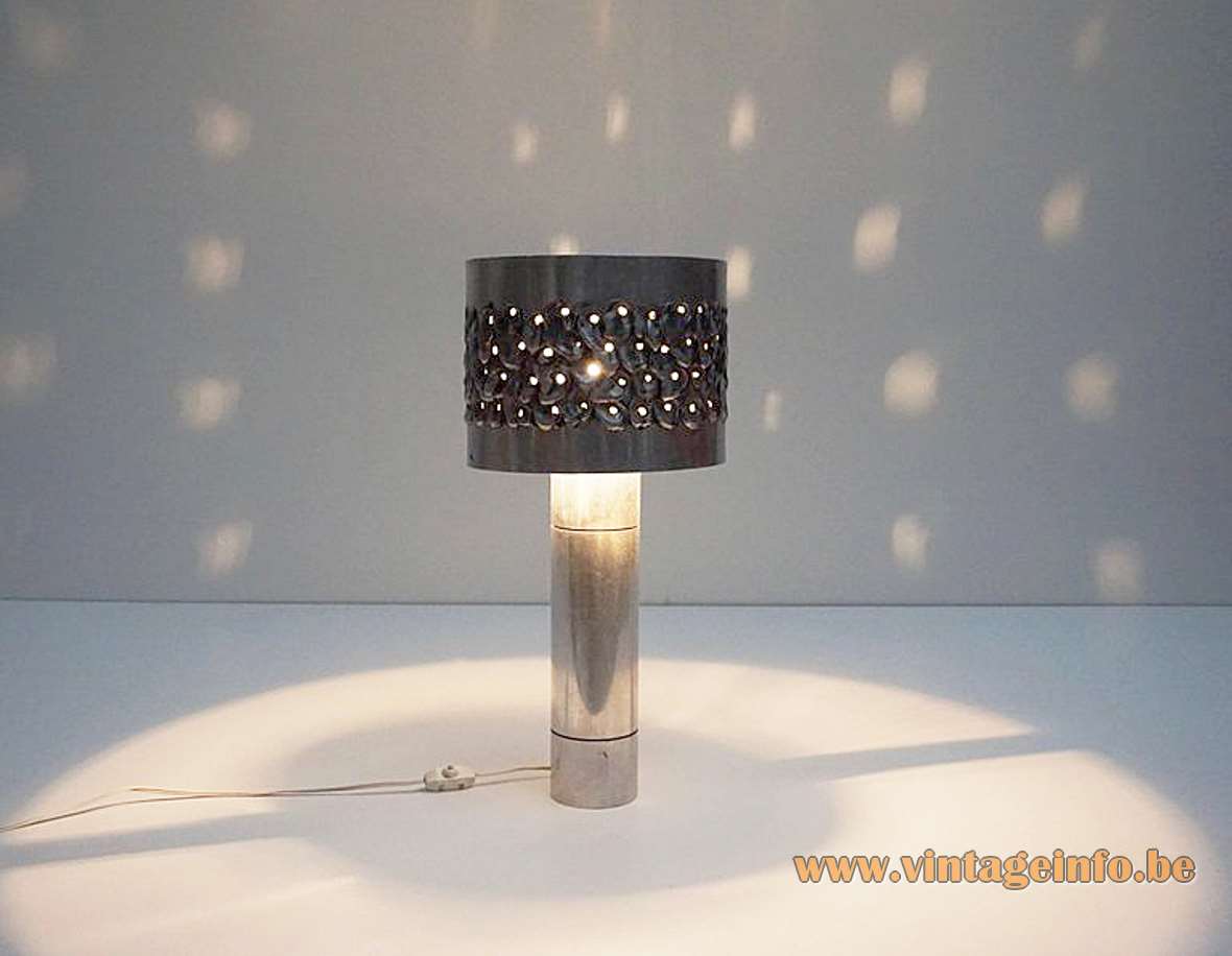 Aluclair 1970s Brutalist table lamp design: Willy Luyckx pocked aluminium tube welded burned lampshade 1960s 1970s