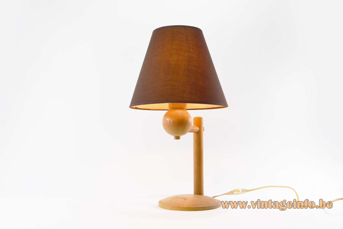 Aneta pinewood table lamps round base rods globe conical fabric lampshade 1970s 1980s Aneta Belysning Sweden