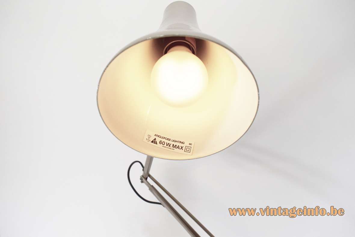 Anglepoise Model 90 task light conical trumpet mushroom grey lampshade architect lamp balancing label 1970s