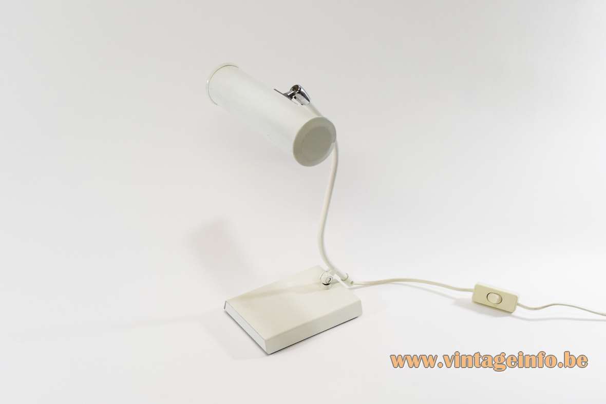 White 1980s ANVIA desk lamp white piano light rectangular base curved rod round tubular lampshade 