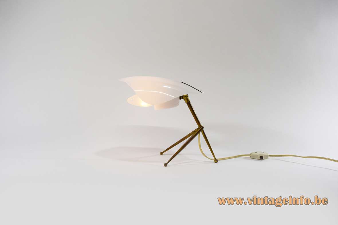 Brass & acrylic tripod desk lamp 2 white Perspex parts conical ball-ending rods 1950s 1960s Cosack Germany
