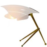 Brass & acrylic tripod desk lamp 2 white Perspex parts conical ball-ending rods 1950s 1960s Cosack Germany