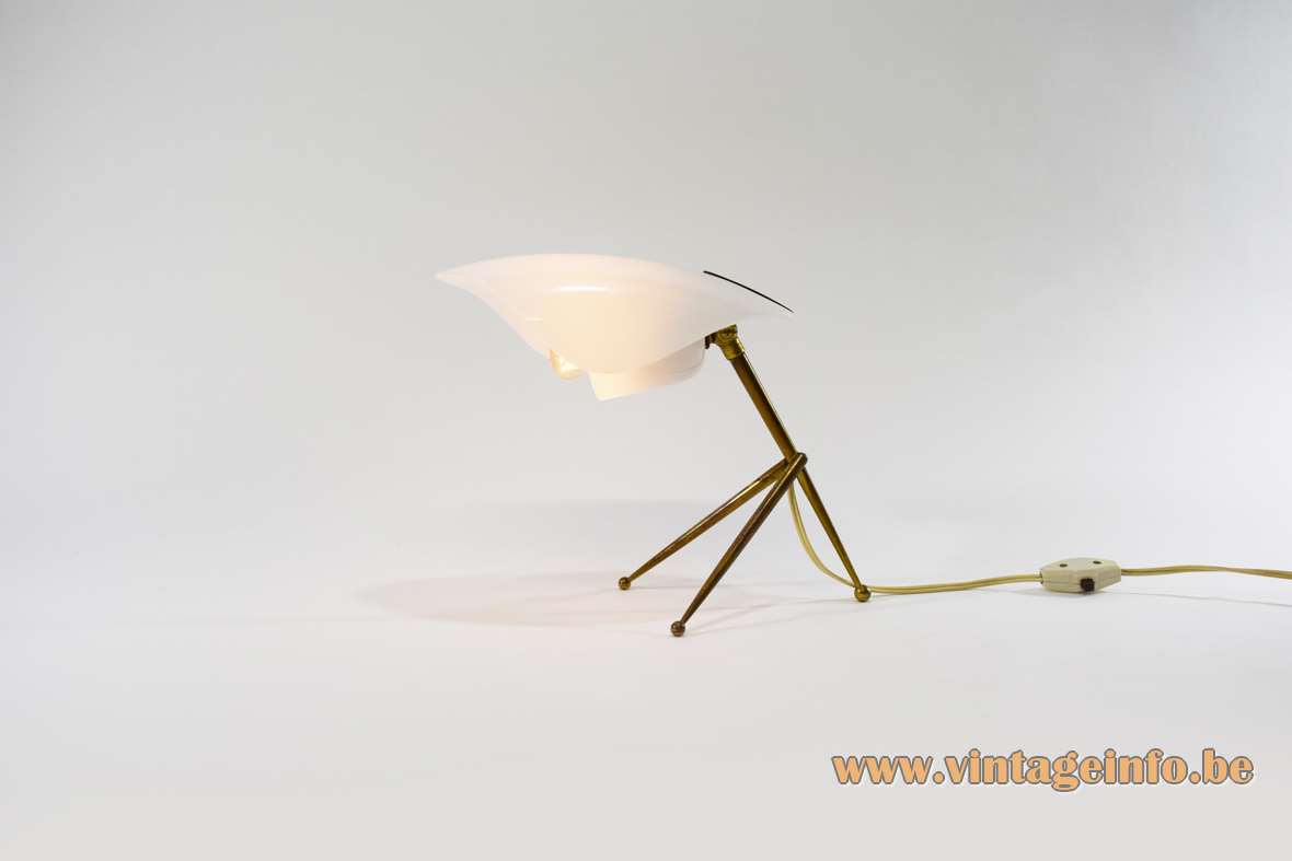 Brass & acrylic tripod desk lamp 2 white Perspex parts conical ball-ending rods 1950s 1960s Cosack Germany