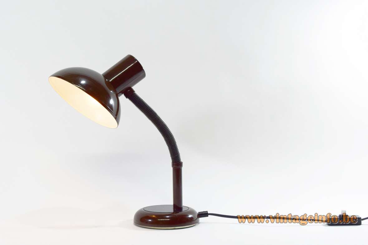 Brown 1970s desk lamp round base & lampshade black plastic gooseneck GDR Massive Belgium 1980s
