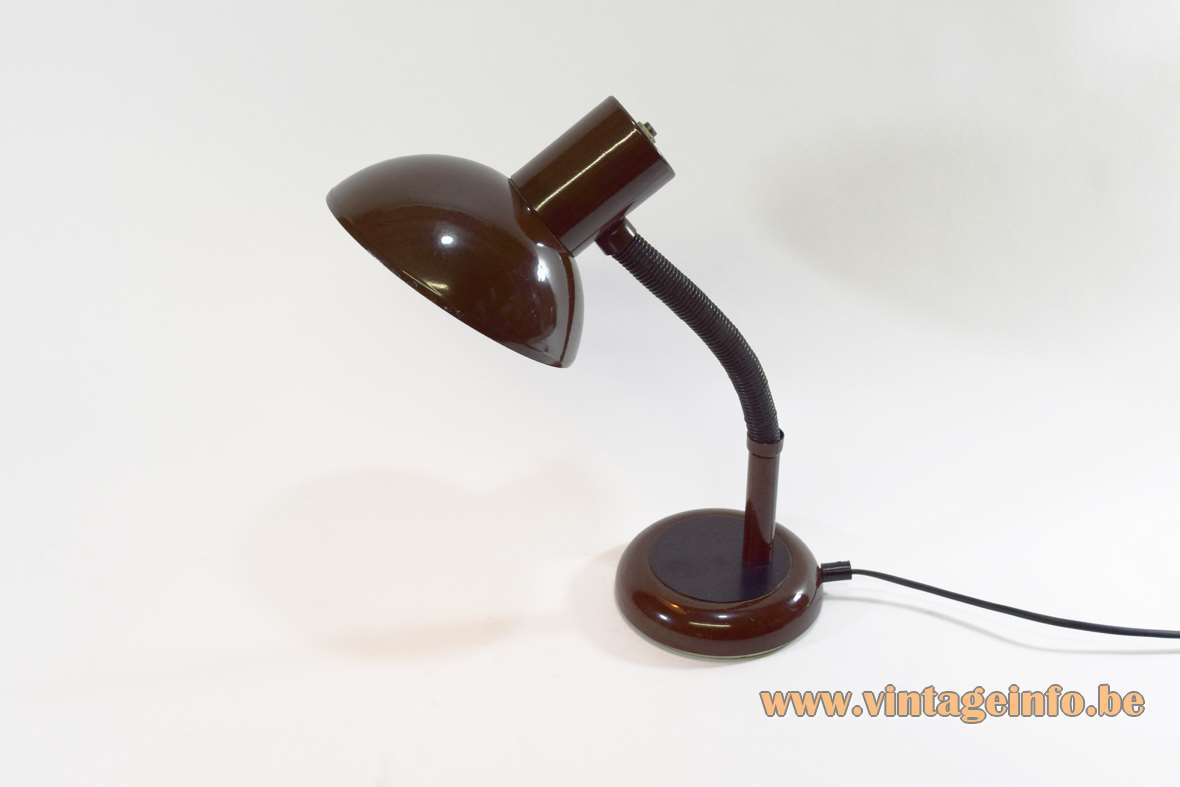 Brown 1970s desk lamp round base & lampshade black plastic gooseneck GDR Massive Belgium 1980s