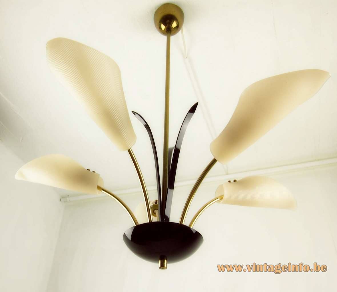 Calla flowers chandelier brass curved rods black leaves white acrylic lampshades 1950s 1960s E14 sockets