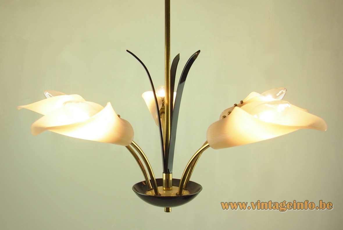 Calla flowers chandelier brass curved rods black leaves white acrylic lampshades 1950s 1960s E14 sockets