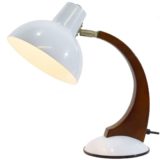 Fase style 1980s desk lamp white round base curved wood rod round lampshade Massive Netherlands 1970s
