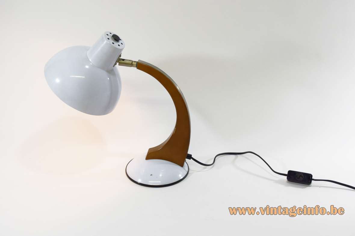 Fase style 1980s desk lamp white round base curved wood rod round lampshade Massive Netherlands 1970s