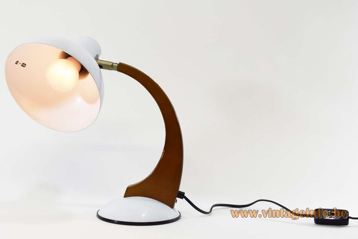 Fase style 1980s desk lamp white round base curved wood rod round lampshade Massive Netherlands 1970s