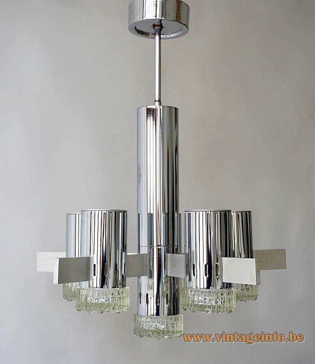 Gaetano Sciolari Geometric Chrome Chandelier chromed metal tubes & rods downlighting glass diffusers 6 E14 sockets