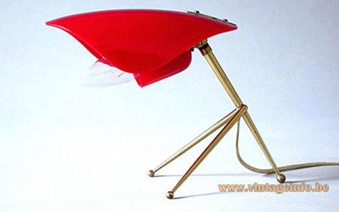 Brass & red acrylic tripod desk lamp conical rods and 2 acrylic parts 1950s 1960s MCM