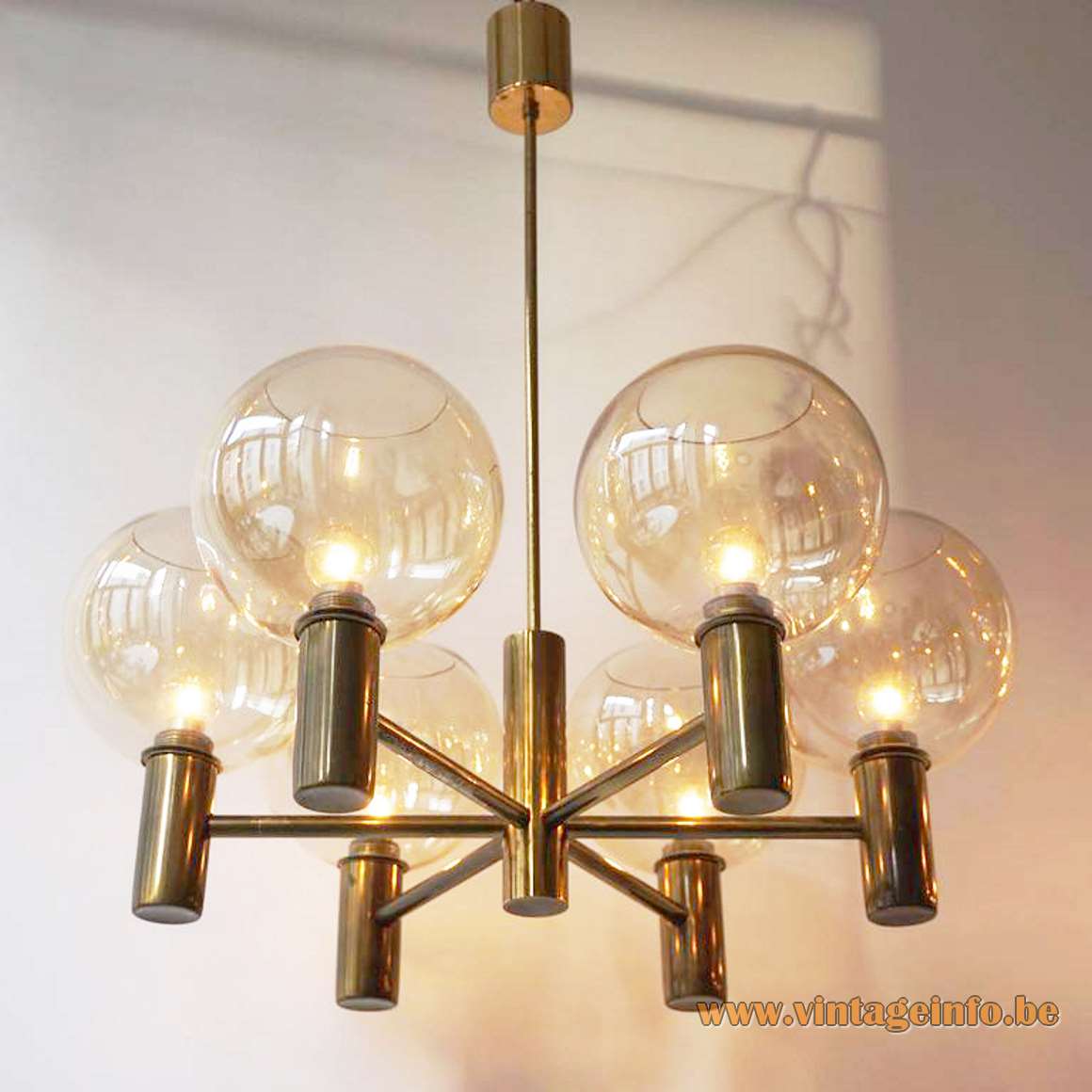 Hans-Agne Jakobsson smoked globes chandelier 6 clear glass spheres brass tubes rods frame 1960s 1970s