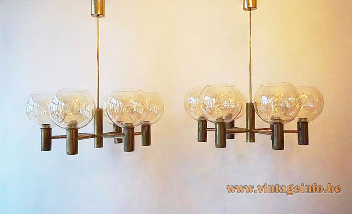 Hans-Agne Jakobsson smoked globes chandelier 6 clear glass spheres brass tubes rods frame 1960s 1970s