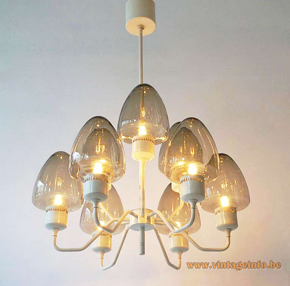 Hans-Agne Jakobsson white chandelier brass 9 smoked conical glass lampshades 9 E14 sockets