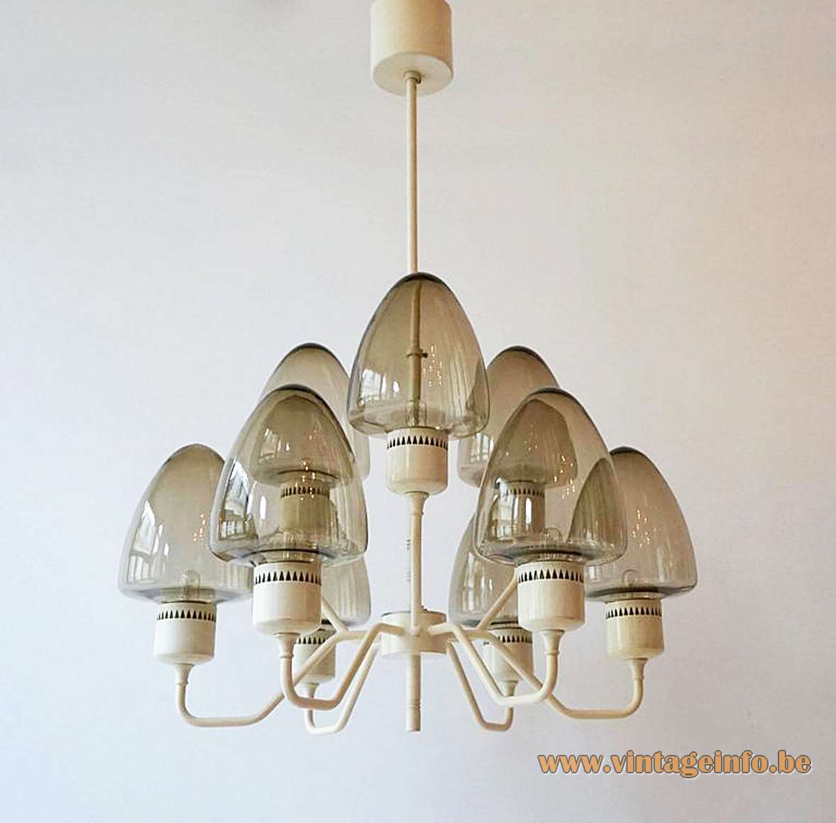 Hans-Agne Jakobsson white chandelier brass 9 smoked conical glass lampshades 9 E14 sockets