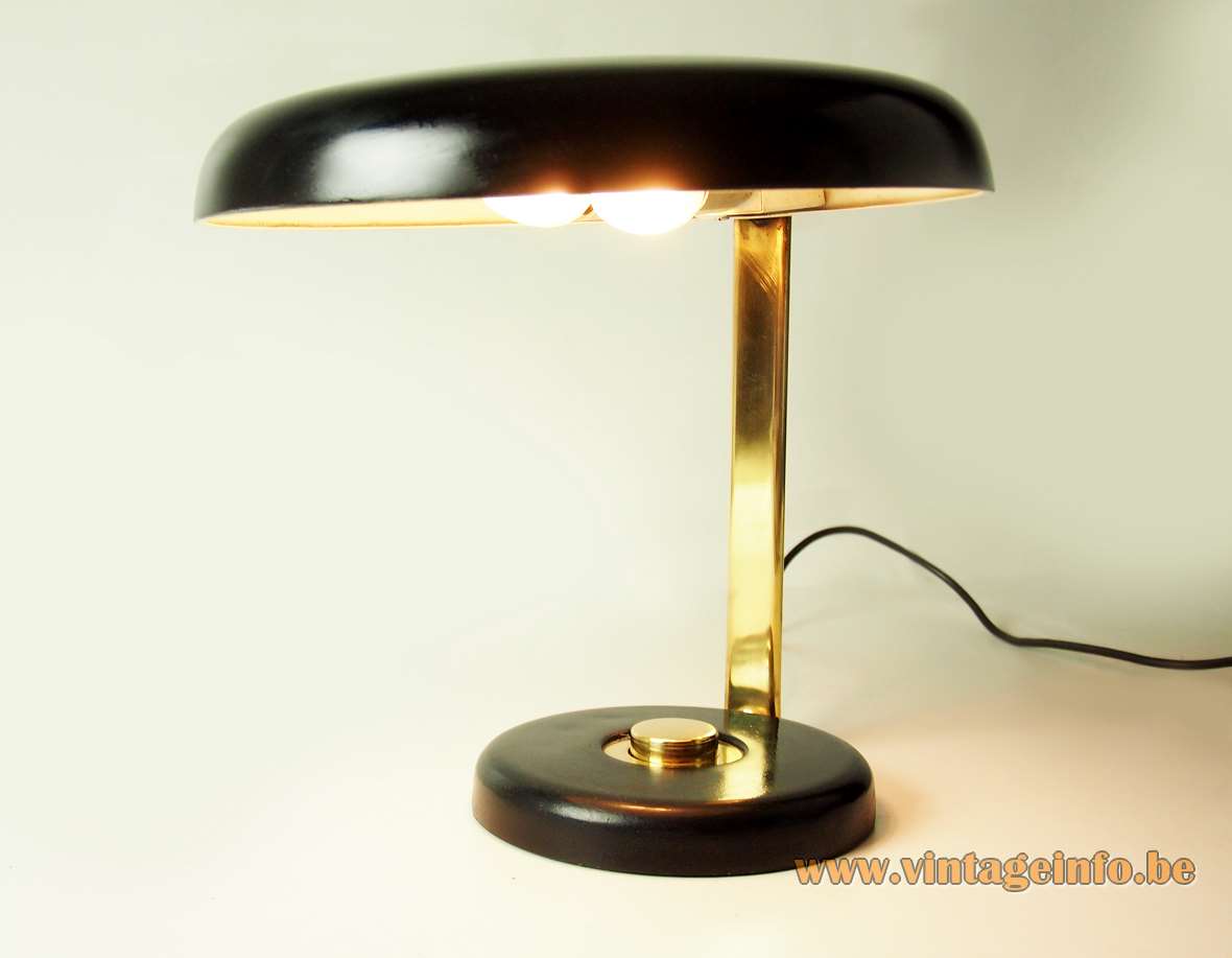Hillebrand desk lamp 7004 design: Heinz Pfaender black UFO mushroom lampshade brass flat rod 1970s Germany 