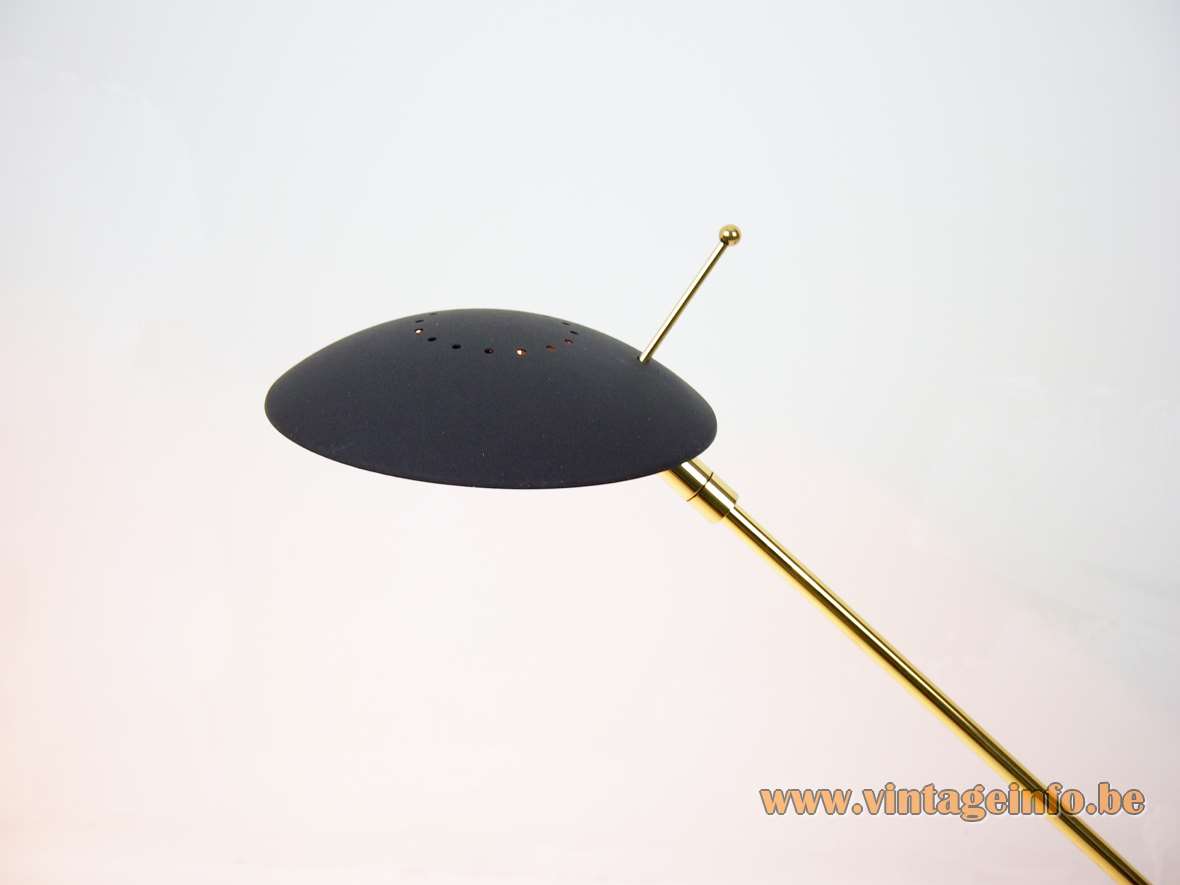 Hillebrand desk lamp 7702 black square base long brass rod disk lampshade halogen R7s bulb 1980s 1990s