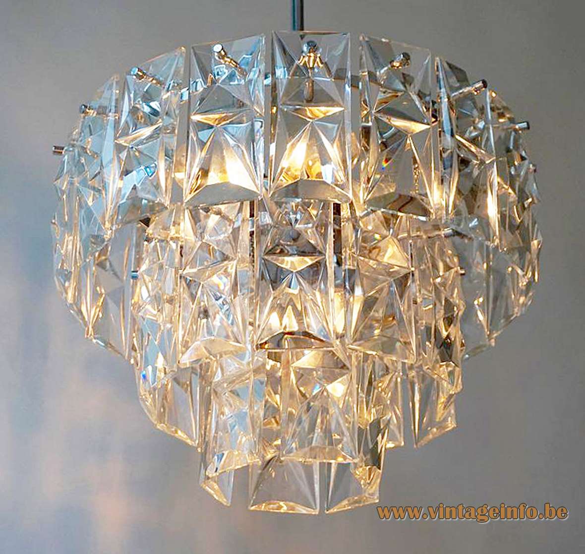 Kinkeldey 3 tier crystal prism chandelier multifaceted cut glass chrome frame rods 1960s 1970s Germany