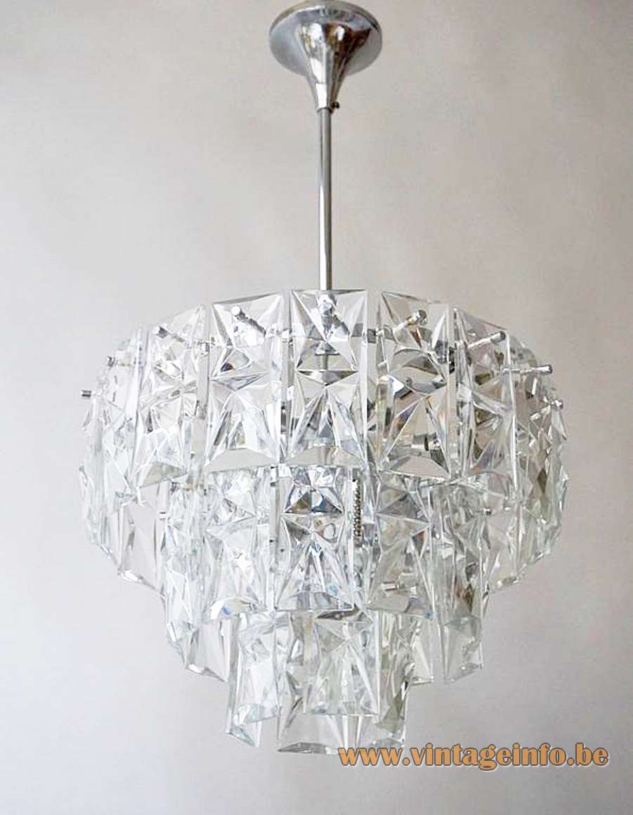 Kinkeldey 3 tier crystal prism chandelier multifaceted cut glass chrome frame rods 1960s 1970s Germany